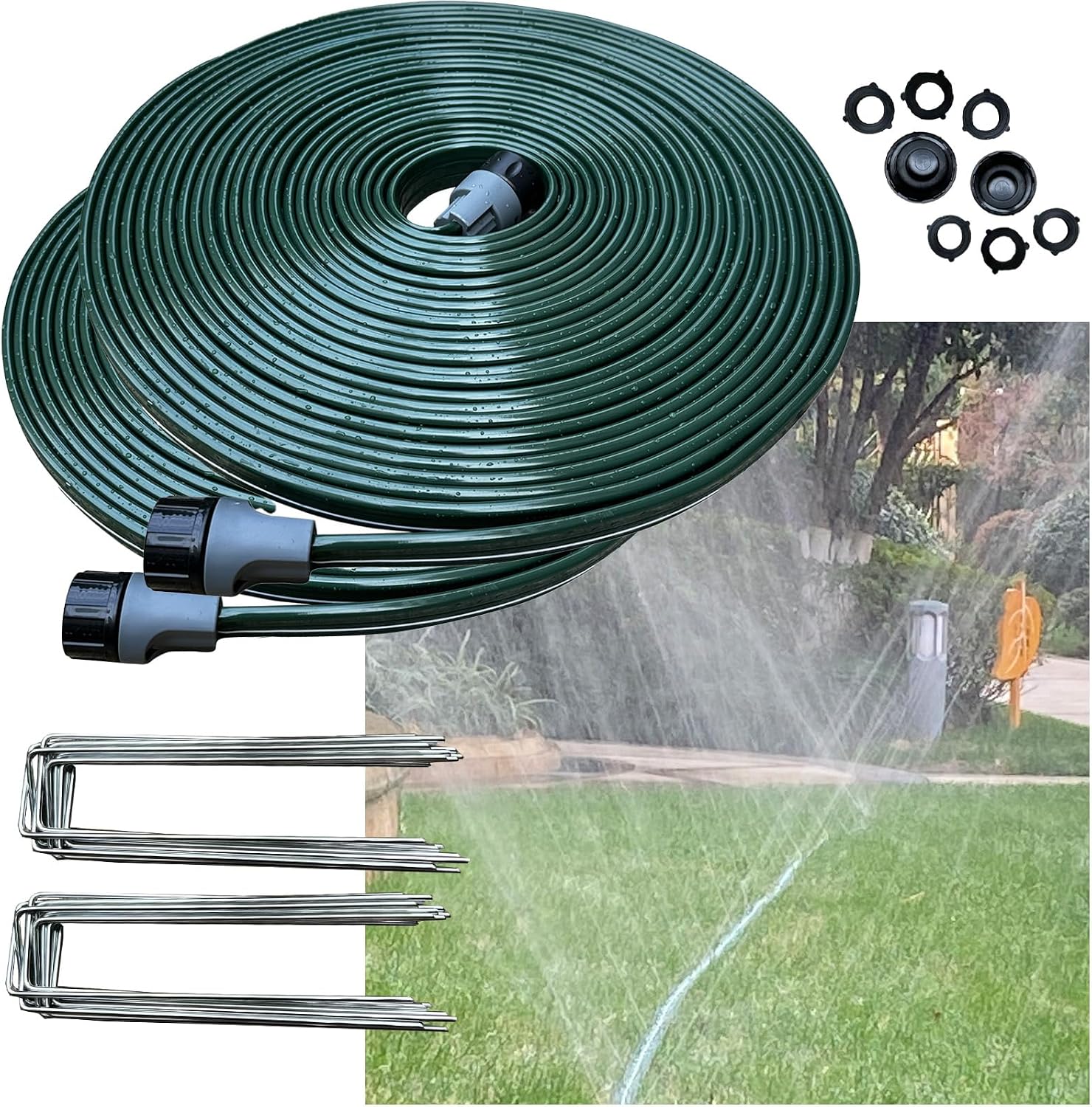Watoo 2025 Sprinkler Hose & Soaker Hose for Yard - 100 FT Reinforced Flat Garden Hose with Holes, Heavy Duty No-Kink Lawn Irrigation Hose (Includes Stakes, High Pressure Spray)