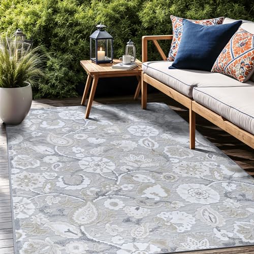 Floral Indoor Outdoor Rugs 8x10 Large Area Rug for Living Room, Patio Decor, Kitchen, and Entryway Rug, Washable Stain Resistant Outside Carpet Beige 8 x 10