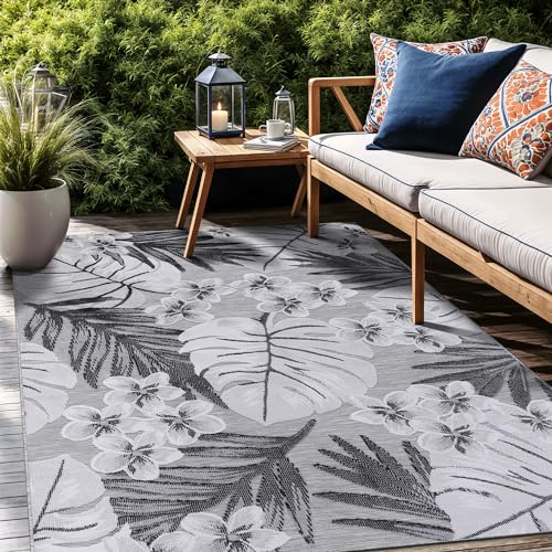Floral Indoor Outdoor Rugs 6x9 Large Area Rug for Living Room, Patio Decor, Kitchen, and Entryway Rug, Washable Stain Resistant Outside Carpet Gray 6 x 9