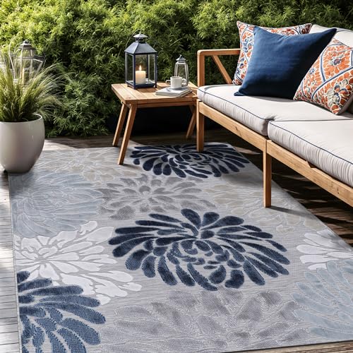 Floral Indoor Outdoor Rugs 5x7 Large Area Rug for Living Room, Patio Decor, Kitchen, and Entryway Rug, Washable Stain Resistant Outside Carpet Blue 5 x 7