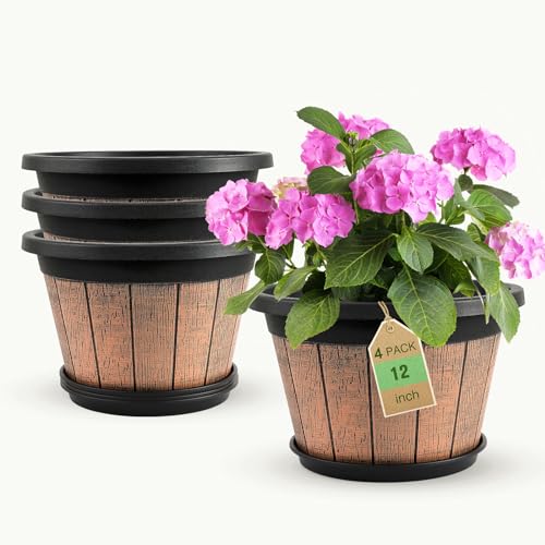 Quarut 4 Pack 12 inch Plant Pots, Whiskey Barrel Planters with Drainage Holes & Saucer,Plastic Decoration Flower Pots Retro Design,Planters for Outdoor Indoor Garden Home Plants (Brown)