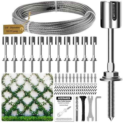 Wire Trellis for Climbing Plants Outdoor, 12-Set Wall Wire Trellis Kit with 1/8in x 53ft Stainless Steel Cable, T316 Espalier System for Fence and Garden DIY Projects