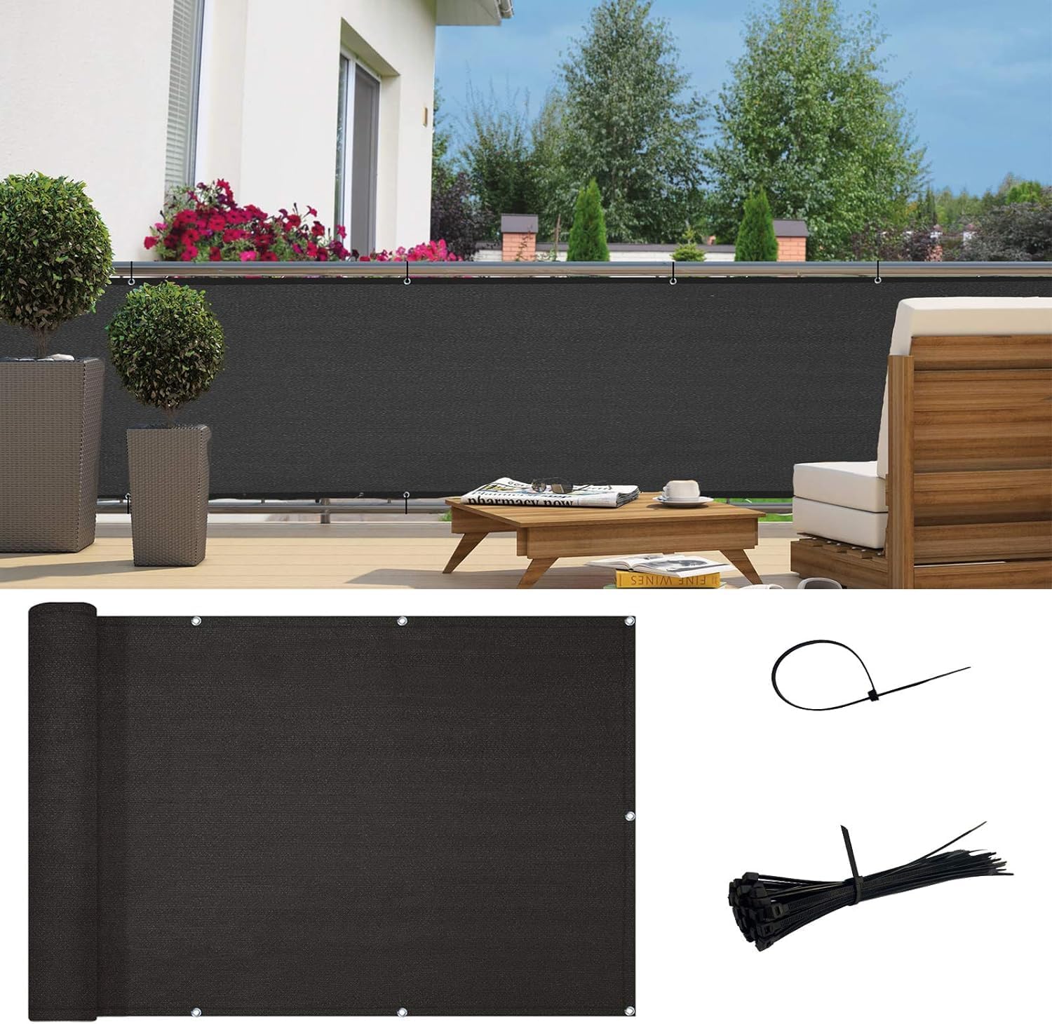 Sunny Guard Customized 3'x22' Black Balcony Privacy Screen,90% Shade Apartments Fence Cover,Heavy Duty Mesh Windscreen for Deck,Outdoor,Backyard,Patio