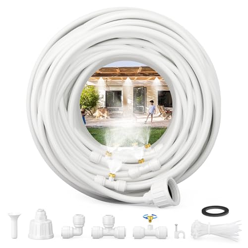 Misting Systems White, Outside Patio Misters, 100FT Misting Cooling System+30 Brass Mister System+2 PE Antioxidant Adapters 3/4"+2 Tee Adapters+2 90 Degree Elbows for Pasture&Garden&Gazebo (White)