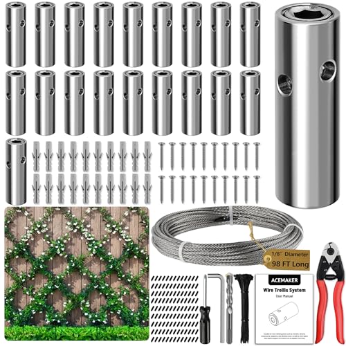 Wire Trellis for Climbing Plants Outdoor, 20-Set Wall Wire Trellis Kit with 1/8in x 98ft Stainless Steel Cable & Cutter, T316 Cylindrical Espalier System for Fence and Garden DIY Projects