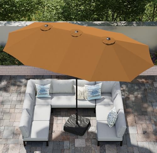 PHI VILLA 15ft Large Patio Umbrellas with Base, Outdoor Double-Sided Rectangle Market Umbrella for Pool Lawn Garden, Maillard Brown