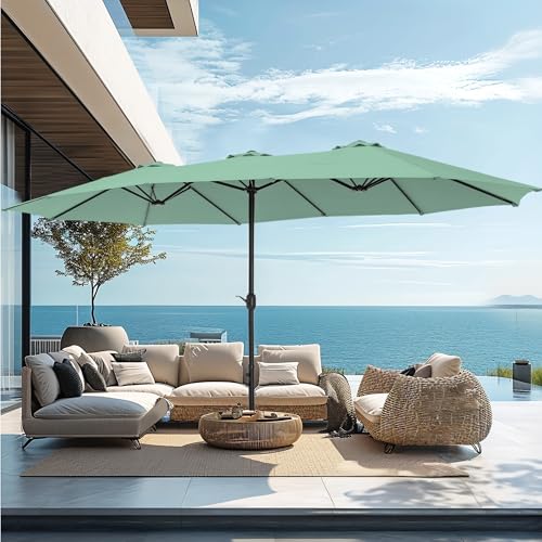 PHI VILLA 15ft Large Patio Umbrellas with Base, Outdoor Double-Sided Rectangle Market Umbrella for Pool Lawn Garden, Mint Green