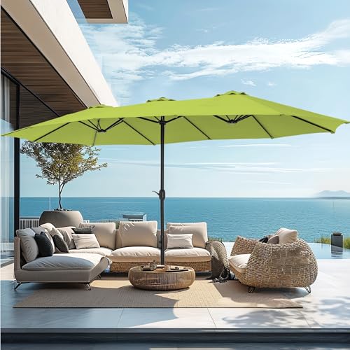 PHI VILLA 15ft Large Patio Umbrellas with Base, Outdoor Double-Sided Rectangle Market Umbrella for Pool Lawn Garden, Lime Green