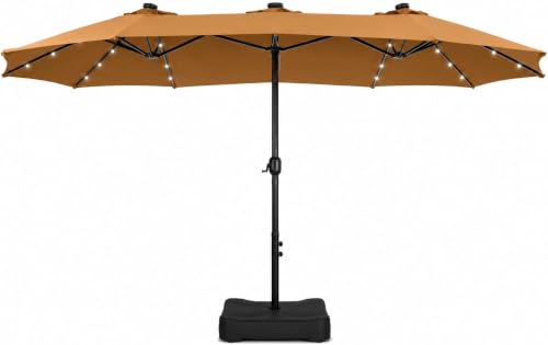 PHI VILLA 15ft Large Patio Umbrella with Solar Lights, Double-Sided Outdoor Market Rectangle Umbrellas with 36 LED Lights, Umbrella Base (Stand) Included, Maillard Brown