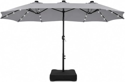 PHI VILLA 15ft Large Patio Umbrella with Solar Lights, Double-Sided Outdoor Market Rectangle Umbrellas with 36 LED Lights, Umbrella Base (Stand) Included, Light Grey
