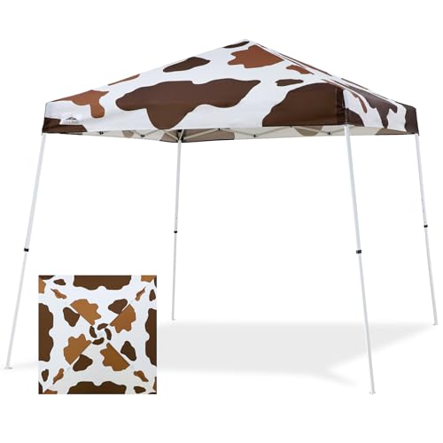 EAGLE PEAK 10x10 Slant Leg Pop-up Canopy Tent Easy One Person Setup Instant Outdoor Beach Canopy Folding Portable Sports Shelter 10x10 Base 8x8 Top (Brown Cow Print)