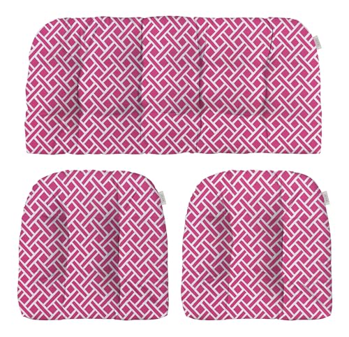 RSH DECOR: 3-Piece Wicker Tufted Cushion Set | 41 x 19" & 19" x 19" | All-Weather Spun Fabric | Water-Resistant | Outdoor Loveseat & U-Shape Cushions for Patio Furniture | Midnight Melody Pink