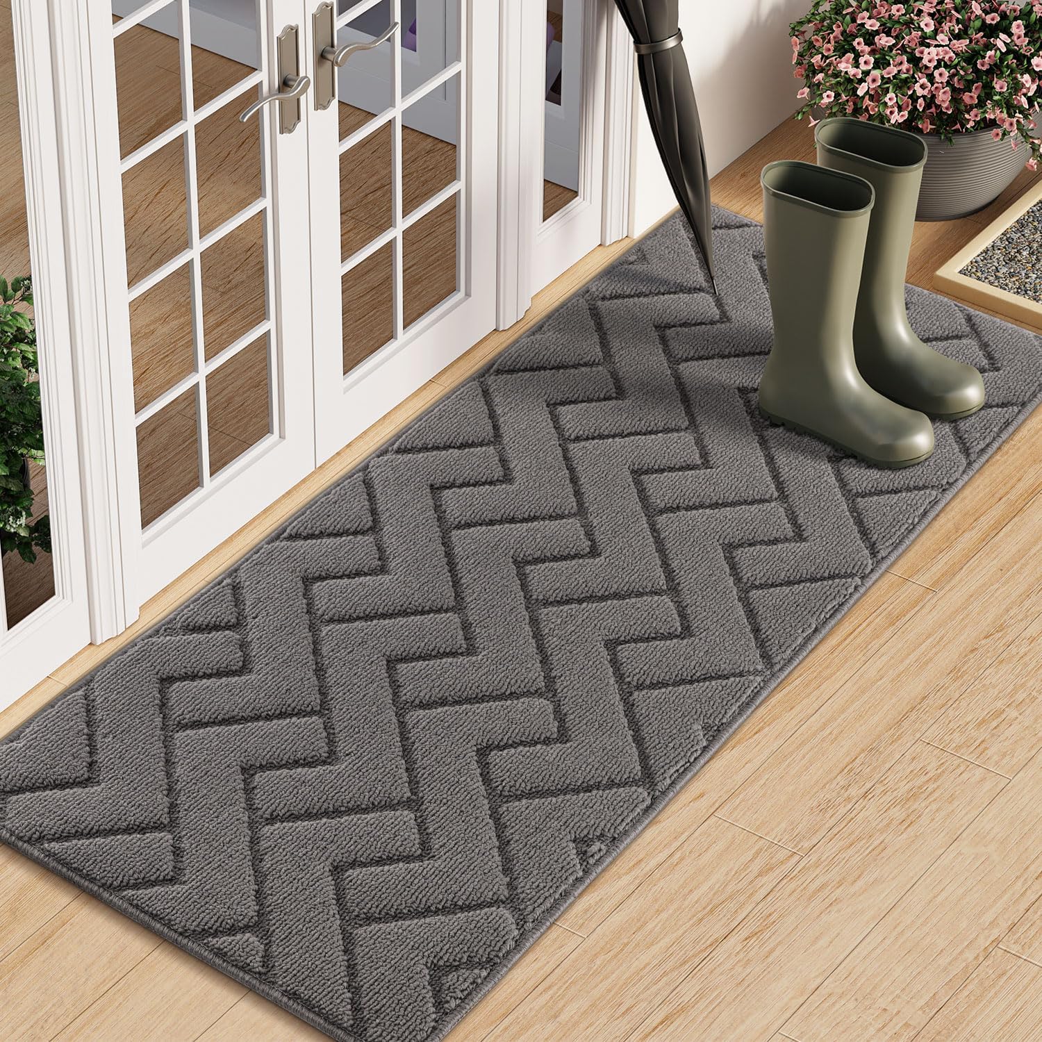 hicorfe Indoor Doormat,Front Back Door Mat Rubber Backing Non Slip Door Mats 20"x59" Absorbent Resist Dirt Entrance Doormat Inside Floor Mats Entryway Washable Low-Profile for Patio,Garden(Grey)