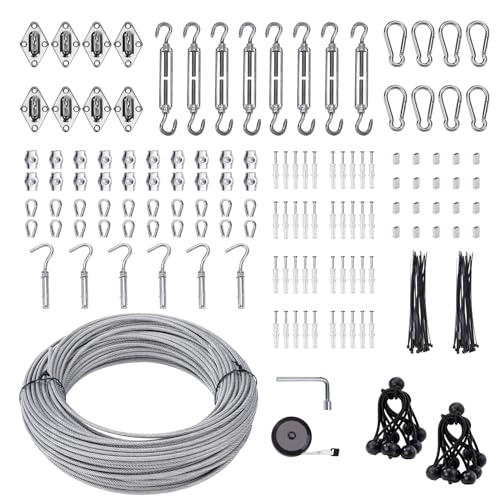 Shade Sail Hardware Kit 6 inch with 131FT 1/8" Wire Rope Kit for Triangle Rectangle Sun Shade Sail Outdoor Installation turnbuckles for Cables Wire for Outdoor,Garden,Kitchen,Craft,243PCS