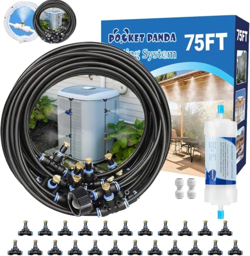 Misters for Outside Patio, Outdoor Water Misting Cooling System w Filter,75FT|23M. Backyard Mist Kit for Garden, Greenhouse, Fan,Deck,Umbrella,Canopy,Pool,Porch,Trampoline,Park,BBQ Party Accessories