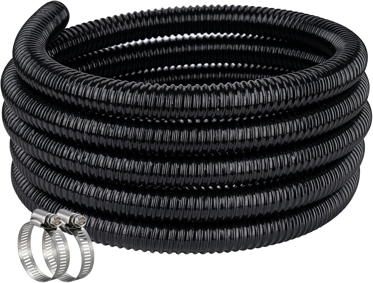 Pond Hose ID 1-1/2  25ft Black Corrugated Flexible Reinforced PVC Hose Vinyl Tubing for Pond Pump Fountain Garden Waterfall, Non-toxic & Kinkproof, with 2 clamps, 1.5in 38mm id
