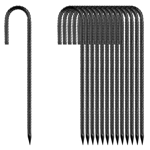Rebar-Stakes-12-Inch, Ground Stakes Heavy Duty J-Hook Black Coated Anti-Rust Heavy Duty Ground Anchors for Garden Dog Fence Chicken Coop Christmas Decorations Deer Fence 20pcs