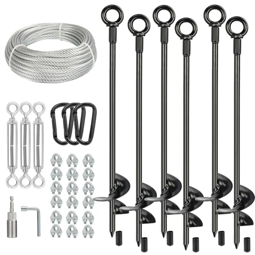 6 Pcs 30" Long Ground Anchors Shed Anchors Kit with 3/16" Galvanized Cable & Turnbuckles & Carabiners, Heavy Duty Earth Anchors for Sheds Trees Trampoline Greenhouse Swing Set Tent.