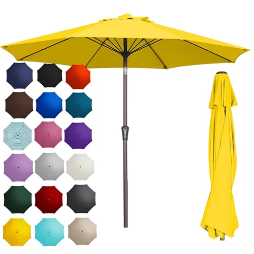 PatioKingdom 9FT Patio Outdoor Umbrella-UPF 50+ Sun Shade with Wind Vent, Push-Button Tilt & Smooth Crank Lift, Rust-Resistant Fiberglass Frame for Garden, Backyard,Yard (Yellow, 9FT)