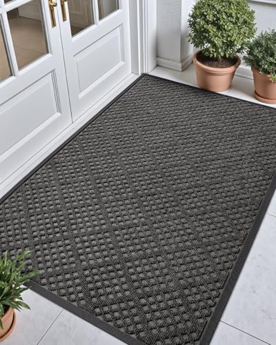 DEXI Door Mat Outside Entrance, 3x5 ft Large Front Entryway Welcome Rubber Doormat, Non Slip Low Profile Heavy Duty Entry Mats for Inside House Floor Entryway Back Doors Exterior Patio, Grey