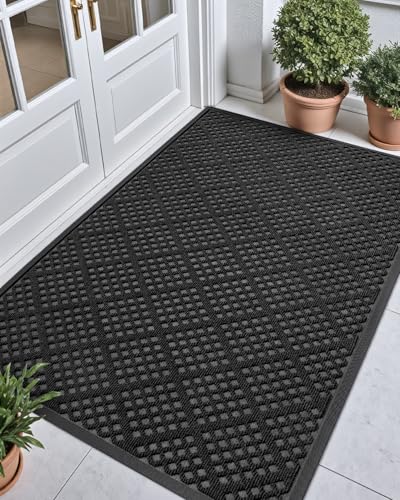 DEXI Door Mat Outside Entrance, Front Entryway Welcome Rubber Doormat, Non Slip Low Profile Heavy Duty Entry Mats, 32x48, Black