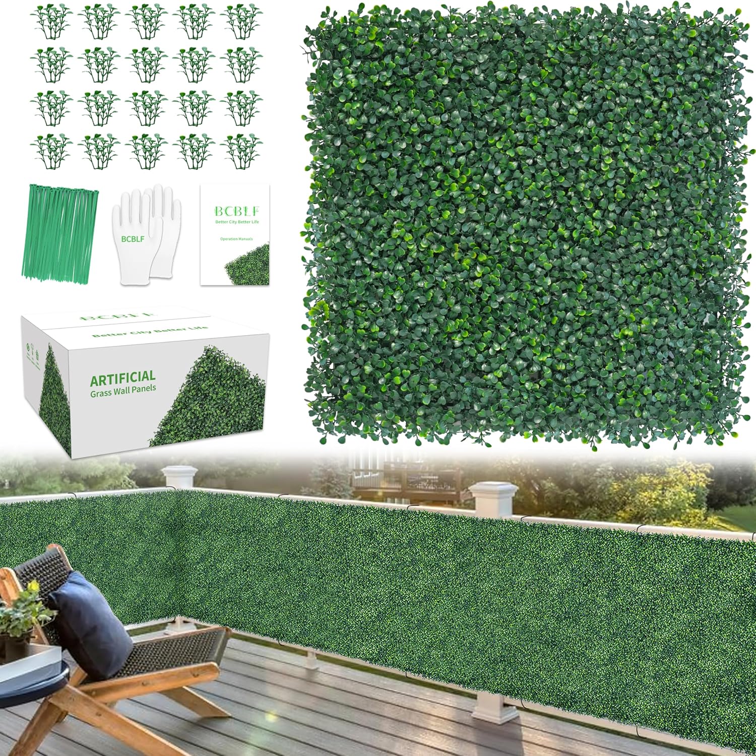 20x20Inch 20Pcs Grass Wall Panels, 4 Layers UV-Anti Boxwood Greenery Hedge with 50 Zip Ties, No Odor Artificial Fake Grass Backdrop Indoor Outdoor Privacy, Birthday Wedding Decor, 55.6 SQ FT