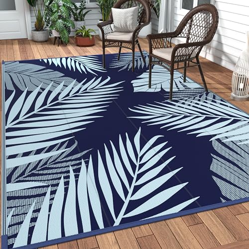 GENIMO Outdoor Rug 8' x 10' Waterproof for Patios Clearance, Reversible Outdoor Plastic Straw Camping Rug Carpet, Large Area Rugs Mats for RV, Camper, Deck, Balcony, Porch, Navy Blue&Baby Blue