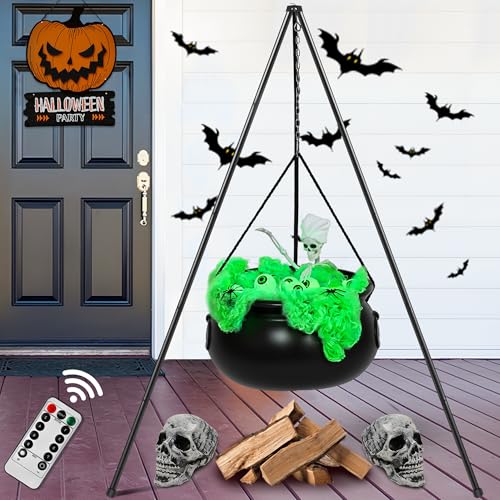 Halloween Decorations Outdoor Indoor,Large Witches Cauldron on 52" Tripod with String Lights, Skeleton and Eyeballs,Hocus Pocus Decor,Witches Cauldron for Yard Patio Garden Lawn Decorations.