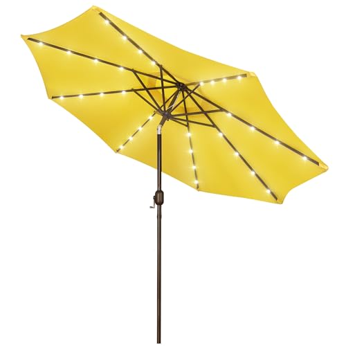 Blissun 9 ft Solar Umbrella, 32 LED Lighted Patio Umbrella, Table Market Umbrella, Outdoor Umbrella for Garden, Deck, Backyard, Pool and Beach (Yellow)