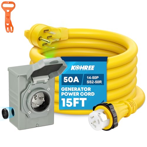 Kohree 50 Amp Generator Cord and Power Inlet Box Kit, 15FT NEMA 14-50P to SS2-50R Generator Extension Cord, 50Amp Pre-drilled Generator Inlet Box with Cable Waterproof Combo Kit, 125/250V, ETL Listed