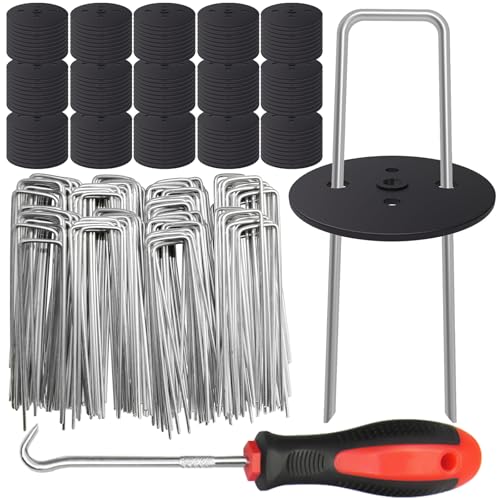 200 PCS Galvanized Landscape Staples 6 Inch, 200 PCS Gaskets and 1 Pick Hook, Heavy Duty Garden Stakes Yard Fabric Pins Artificial Turf Stakes for Weeds Barrier Sod Fabric Decorations Ground Cover