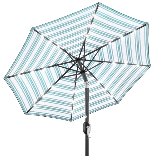 Best Choice Products 10ft Solar Polyester LED Lighted Patio Umbrella w/Tilt Adjustment and UV-Resistant Fabric - Striped Sky Blue
