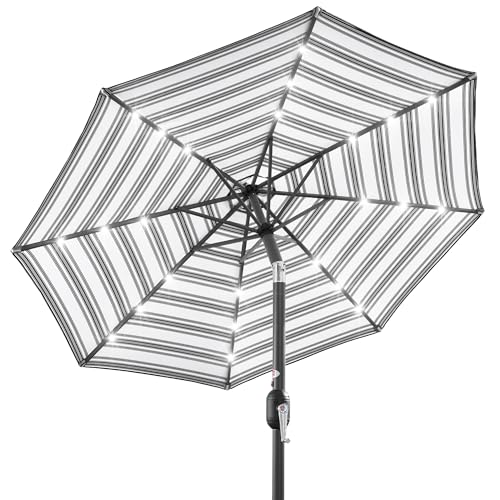 Best Choice Products 10ft Solar Polyester LED Lighted Patio Umbrella w/Tilt Adjustment and UV-Resistant Fabric - Striped Black