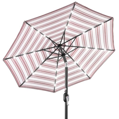 Best Choice Products 10ft Solar Polyester LED Lighted Patio Umbrella w/Tilt Adjustment and UV-Resistant Fabric - Striped Burgundy