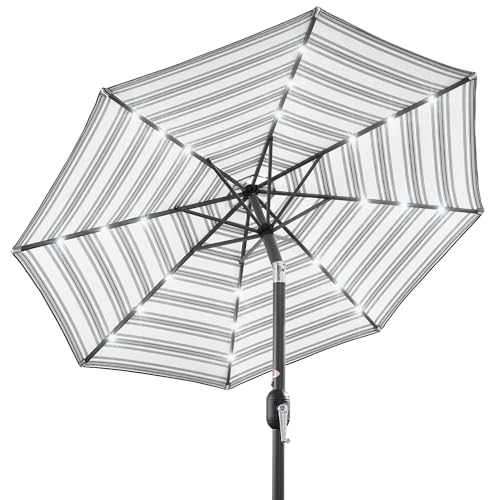 Best Choice Products 10ft Solar Polyester LED Lighted Patio Umbrella w/Tilt Adjustment and UV-Resistant Fabric - Striped Gray
