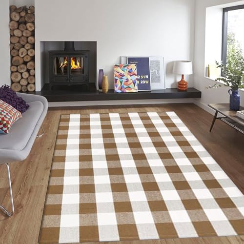Fall Outdoor Rug Brown and White Buffalo Plaid Rug Cotton Hand-Woven Buffalo Check Rug Layered Doormats for Front Door/Front Porch/Farmhouse/Entryway/Patio