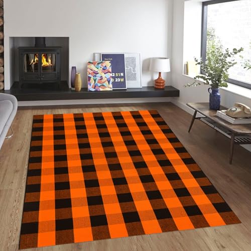 Fall Outdoor Rug Orange Buffalo Plaid Outdoor Rug Cotton Hand-Woven Buffalo Check Rug Layered Doormats for Front Door/Front Porch/Farmhouse/Entryway/Patio