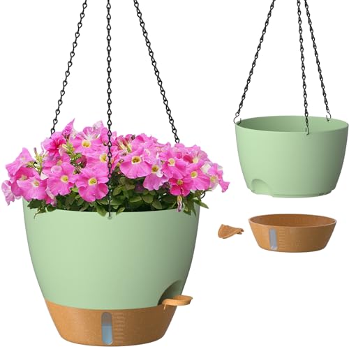 ZMTECH 12 Inch Hanging Planters for Indoor Outdoor Plants, 2 Pack Self Watering Hanging Plant Pots with Drainage Hole, Visual Reservoir, Plastic Flower Hanging Pots with Watering Lip (Green)