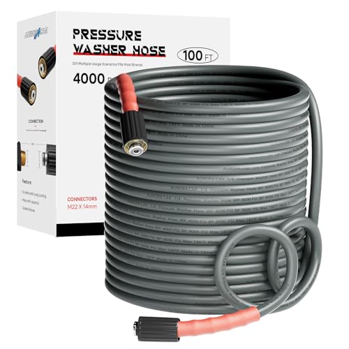 Pressure Washer Hose 100FT 1/4", Kink Resistant Power Washer Hose Compatible with M22 Fittings, Replacement For Most Brand Pressure Washers, 4000 PSI, Grey