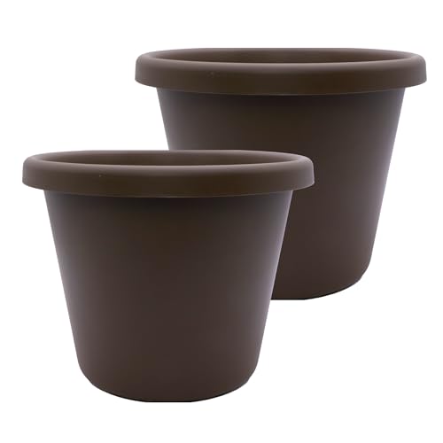 The HC Companies Classic Round Plastic Plant Pot w/Rolled Rim - Lightweight & UV Resistant Flower Pot for Herbs & More - Outdoor & Indoor Plant Pots w/Drainage (14 inch Chocolate, Pack of 2)