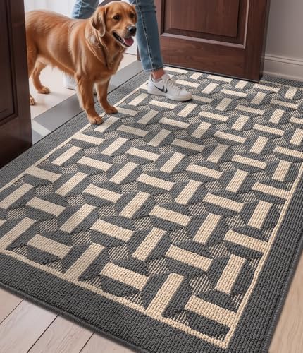 LUMI Washable Indoor Entrance Doormat 36x60, Absorbent Quick-Dry Dirt Trapper Mats for Dogs, Rubber Backing Non-Slip Low Profile Entryway Door Mat for High Traffic, Grey