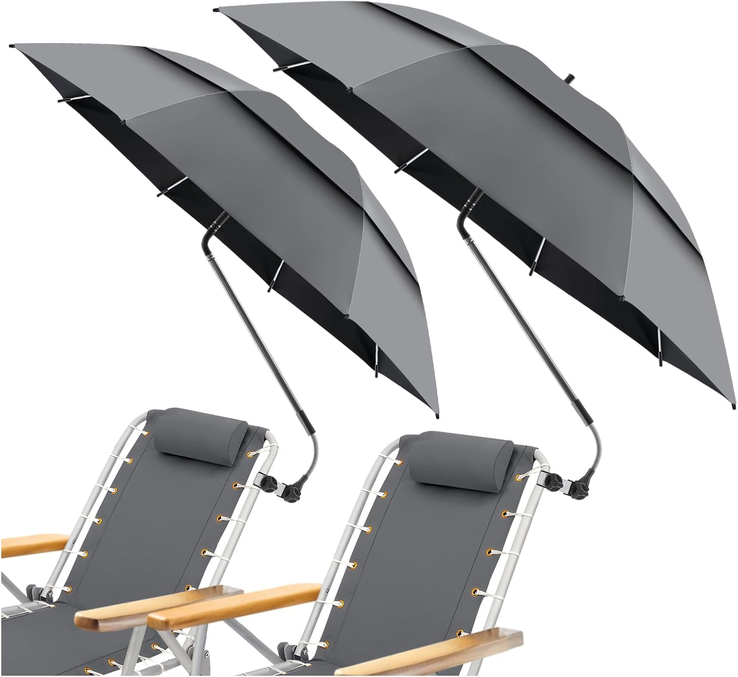 2 Pack 48.6" Double Canopy Umbrella with Clamp, UPF50+ Beach Chair Umbrella with clip, 360Adjustable Portable Outdoor Wheelchair, Patio, Golf Carts,Camping(Not Include Chair)