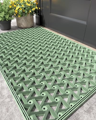 Color&Geometry Door Mat Outside Entrance with Drainage, Rubber Heavy Duty Dirt Trapper Waterproof Outdoor Welcome Mat, Outdoor Mats All Weather for Front Back Door Patio Entryway Entry,19"X30" Green