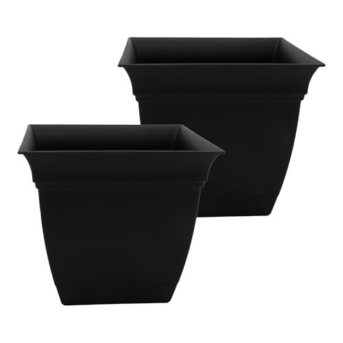 The HC Companies 12 Inch Eclipse Square Planter Pots with Drainage Holes & Attached Saucer, Lightweight UV-Resistant Plastic Outdoor Planters, 2-Pack Flower Pots for Garden & Home Decor, Black