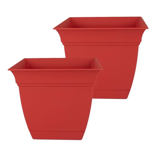 The HC Companies Eclipse Square Plastic Planter w/Attached Saucer - Outdoor & Indoor Plant Pot with Drainage Holes - Lightweight, UV-Resistant Plastic Pots for Plants (12" Red, Pack of 2)