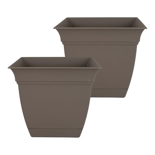 The HC Companies Eclipse Square Plastic Planter w/Attached Saucer - Outdoor & Indoor Plant Pot with Drainage Holes - Lightweight, UV-Resistant Plastic Pots for Plants (12" Cappuccino, Pack of 2)