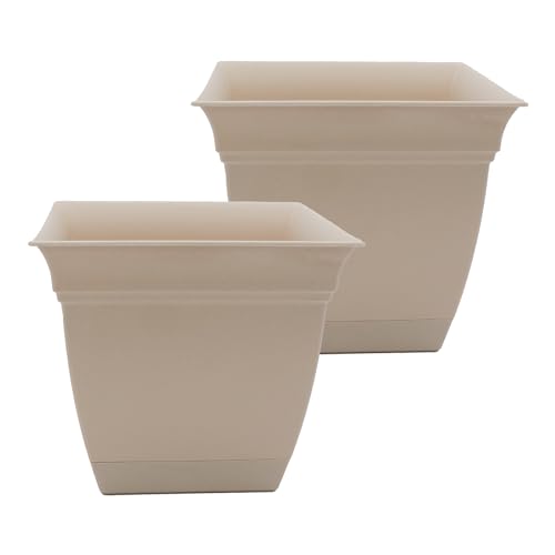 The HC Companies 12 Inch Eclipse Square Planter Pots with Drainage Holes & Attached Saucer, Lightweight UV-Resistant Plastic Outdoor Planters, 2-Pack Flower Pots for Garden & Home Decor, Cottage Stone