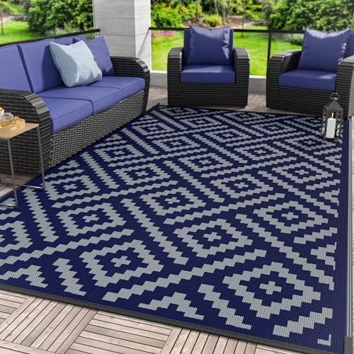 GENIMO Outdoor Rug for Patio Clearance, 9'x12' Waterproof Camping Mat, Reversible Plastic Straw Rugs for RV, Camper, Balcony, Backyard, Picnic, Deck (Blue & Grey)