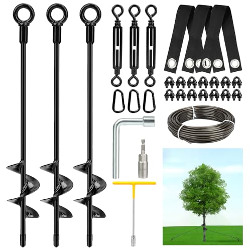 3 Pack 18" Tree Stakes and Supports for Leaning Trees, Tree Stake Kit Heavy Duty, Tree Supports Stakes with 3 Straps & 3/16 PVC Coated Wire Rope