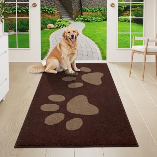 Buganda Dog Door Mat for Muddy Paws, Absorbent Dirt Trapper Washable Indoor Doormats, Non Slip Low-Profile Mud Mat for Dogs, Front Entrance Doormat for Inside Floor (47x24 Inches, Brown)